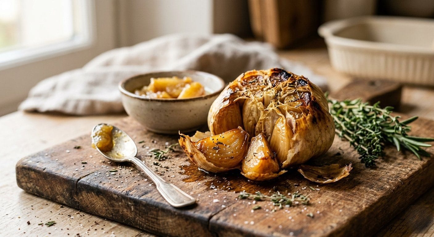 Due teste d'aglio al forno dorate su tagliere di legno con timo e rosmarino