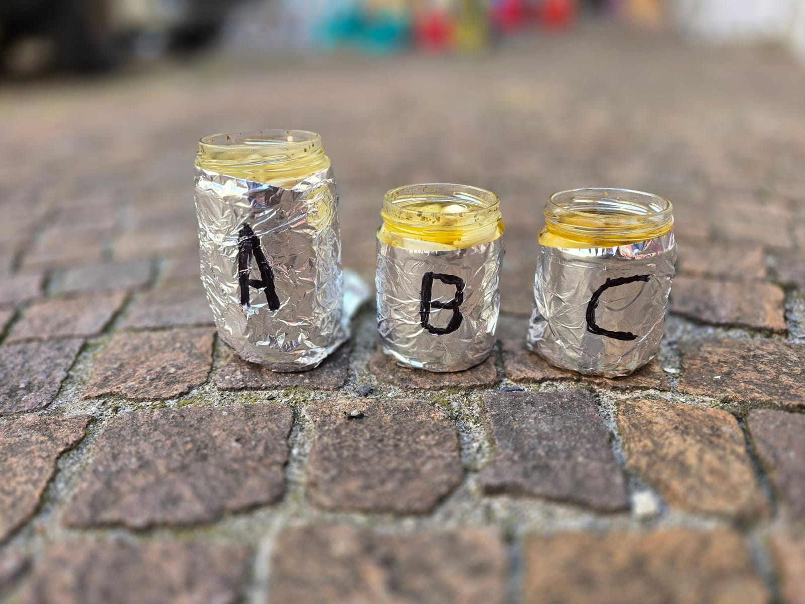 Aglio sott'olio in tre barattoli avvolti nella stagnola, con le lettere A, B e C, per l'assaggio alla cieca