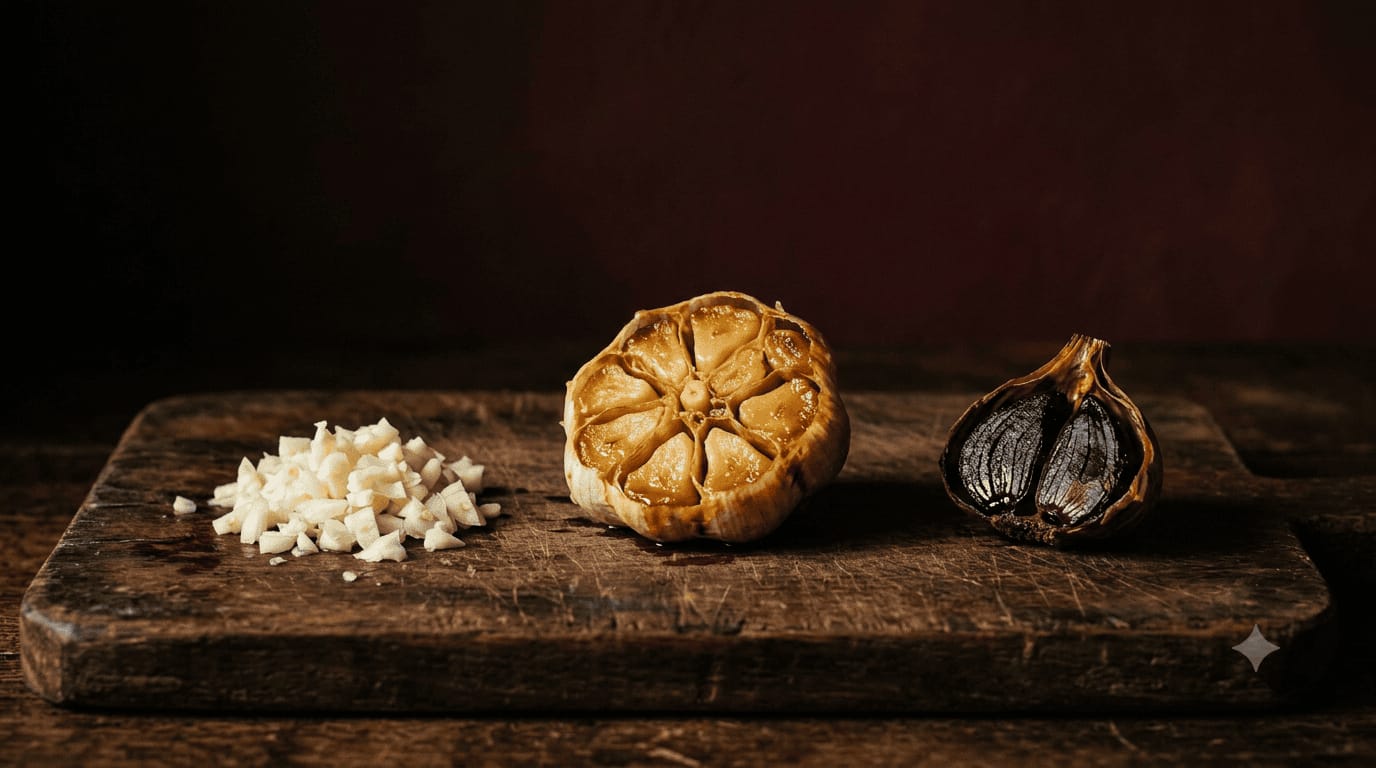 Aglio fresco tritato, aglio arrosto e aglio nero a confronto su tagliere in legno