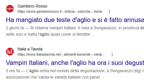 Risultati di ricerca Google con articoli di Gambero Rosso, Dissapore e Italia a Tavola su Vampiri Italiani